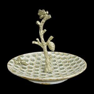 Vintage Bee Honeycomb Trinket Dish Ring Holder Tree Gold Enamel Metal